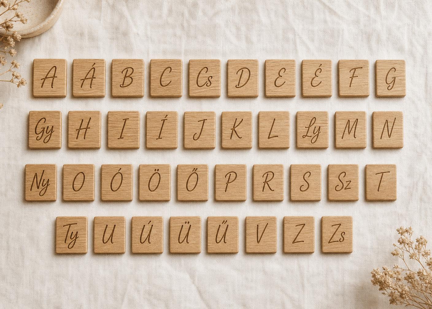 A teljes Montelignus magyar ábécés fa betűkészlet felülnézetből
